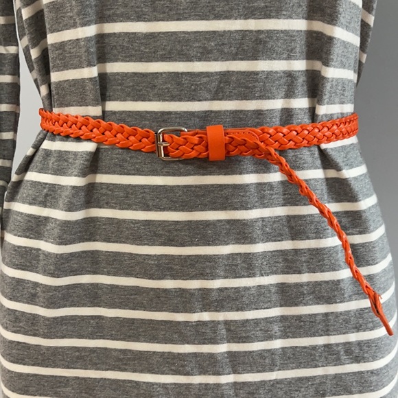 LC Lauren Conrad • 3/4 Sleeve Striped Dress Gray White Belted - Picture 6 of 9